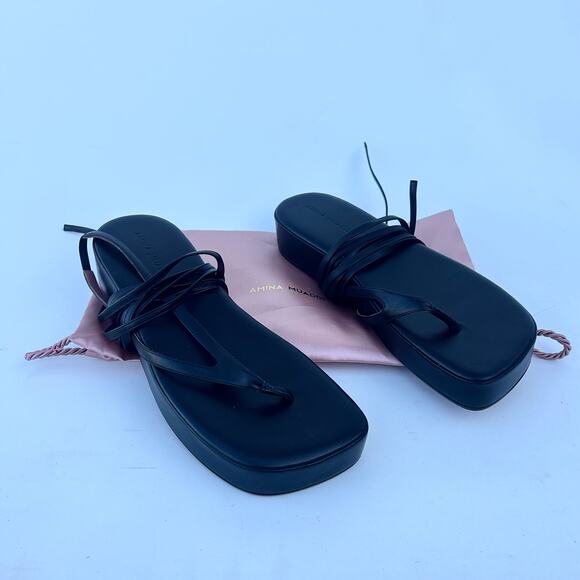 Amina Muaddi Jamie Lambskin Leather Lace Up Flatforms Platform 10 Black 41 - Picture 5 of 13